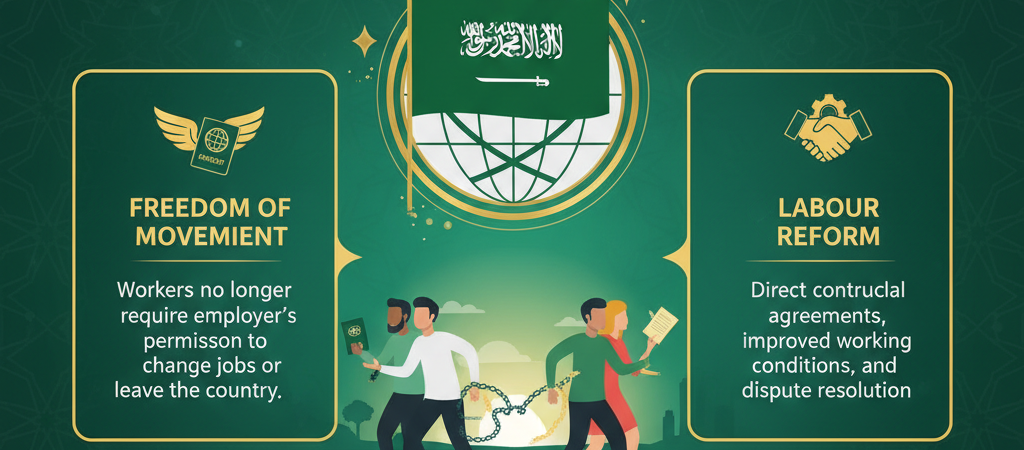 End of Kafala System in Saudi Arabia 2025 – Labor Reform Infographic.